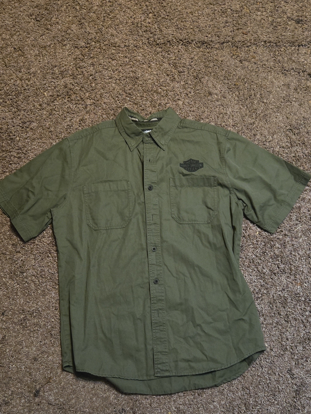 Harley-Davidson Olive Green Short Sleeve Button-Down Work Shirt Size Large